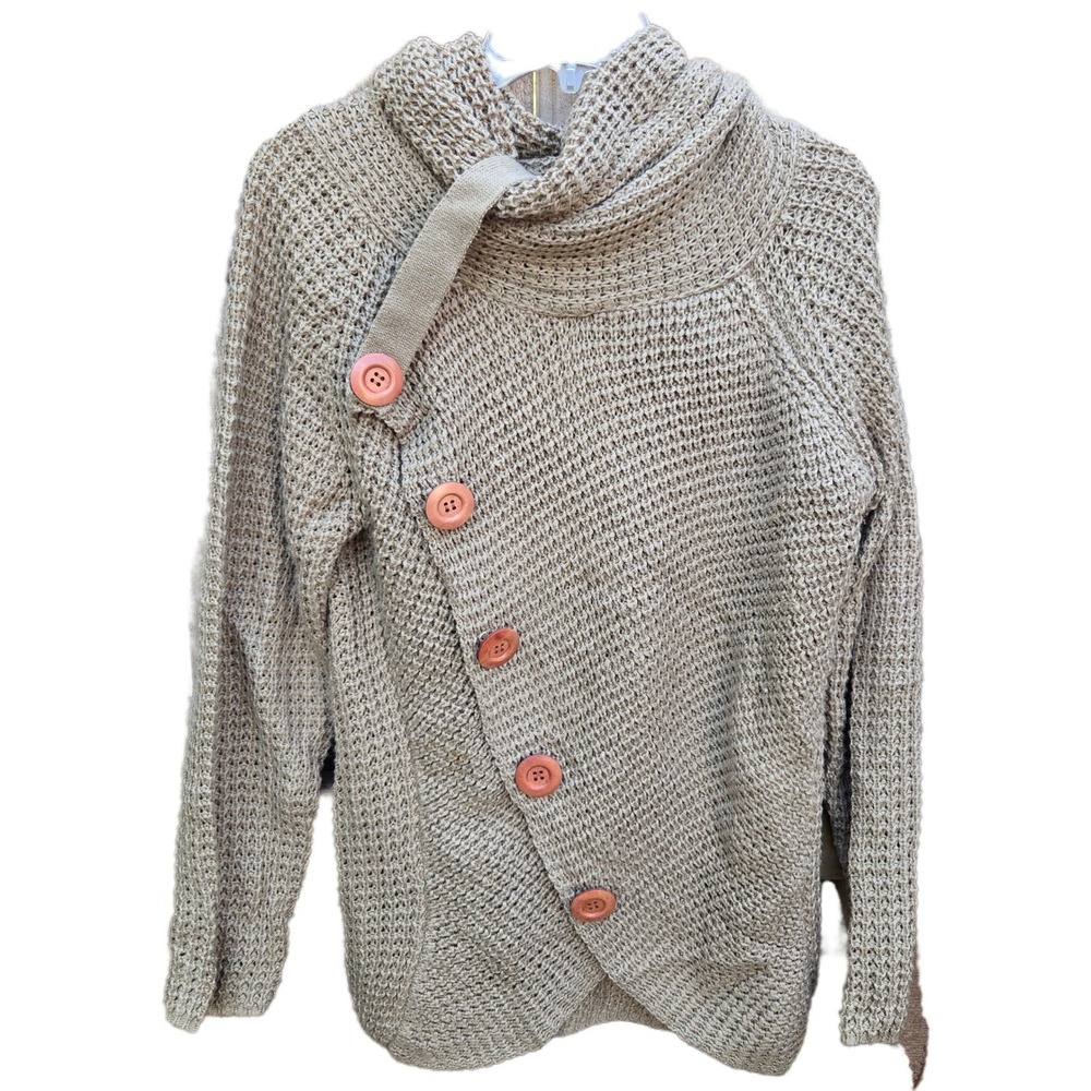 GRECERELLE Womens Khaki Asymmetrical Button Cowl Neck Waffle Knit Sweater M